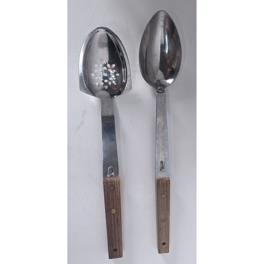 Vintage Vernco Stainless Steel Serving Spoon Set Japan Wood Handle Pot Hook 2pc